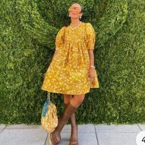 Kika Vargas Yellow Gold Puff Sleeve Mini Dress S XL FloralTiered Babydoll( O-20)